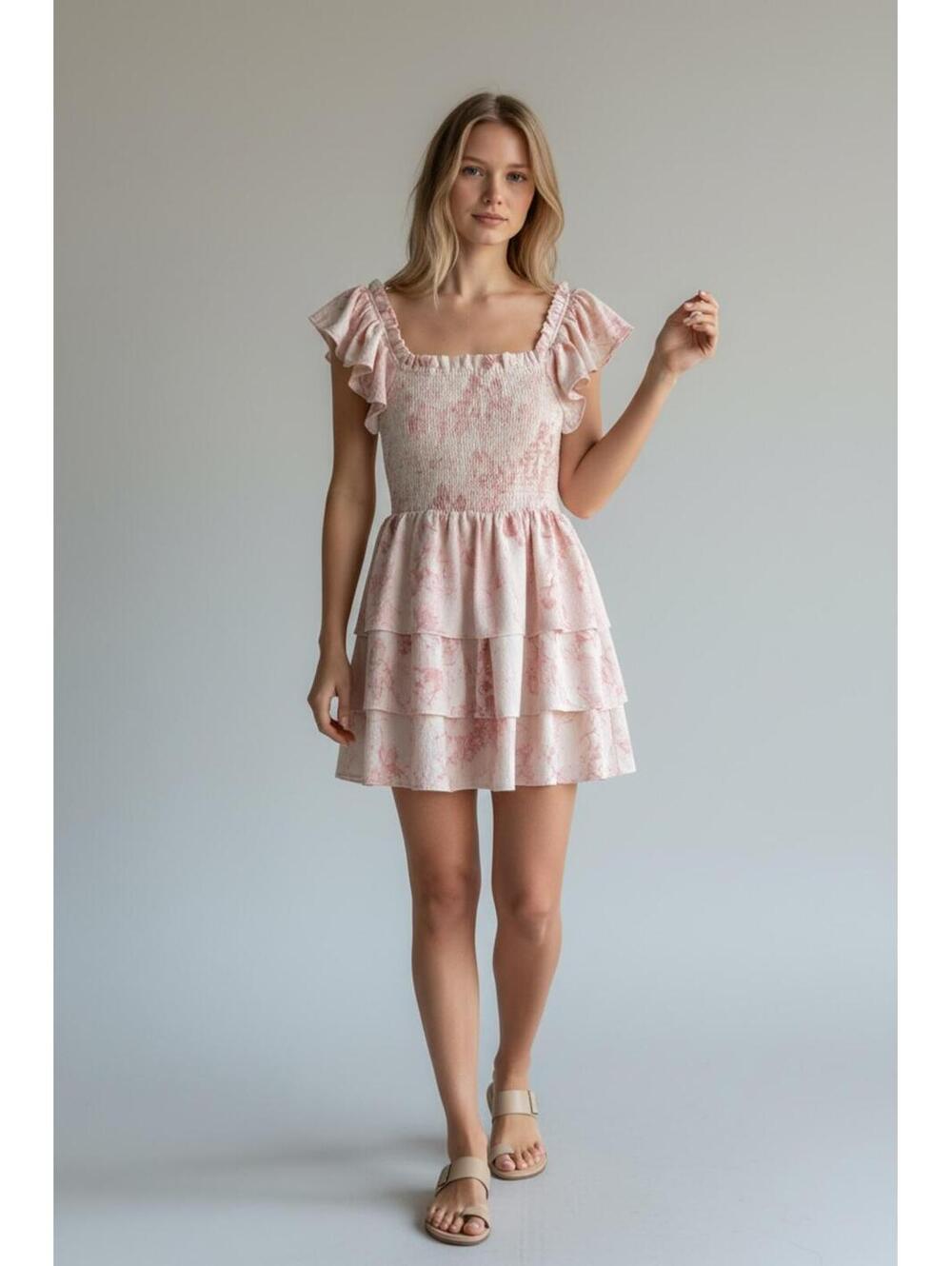 Express Pink Floral Smocked Ruffle Tiered Mini Dress Size S [COPY]